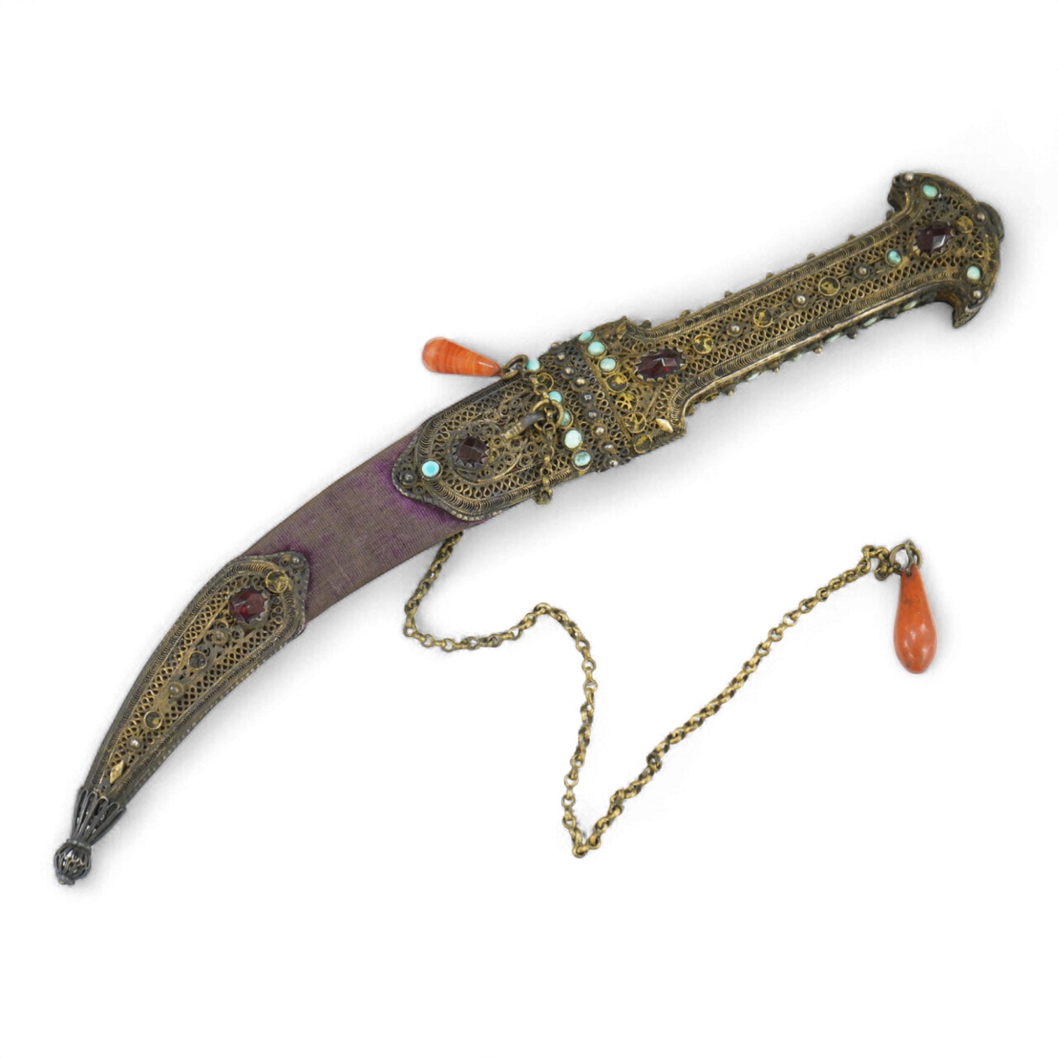 A Late 19th century Hungarian dagger, the hilt and sheath mounts made from filigree gilt silver wire applied with cabochon turquoise and red stones (some missing), blade 13.5cm